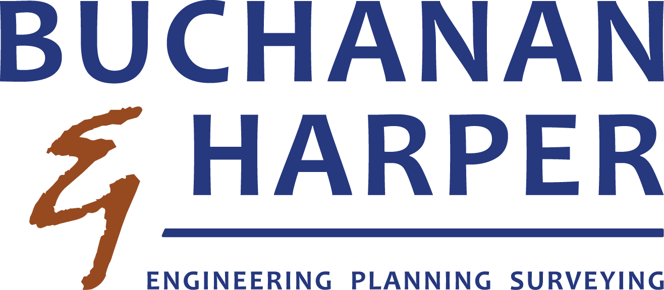 Buchanan & Harper Engineering Planning Surveying stacked secondary full color dark blue and brown logo civil engineering and land surveying services across Florida based in Panama City